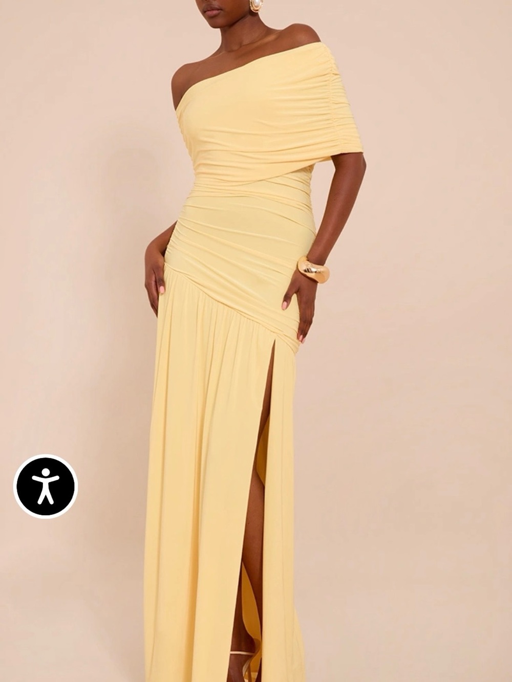 PrettyLittleThing One-Shoulder Yellow Ruched Maxi Dress with Thigh Split